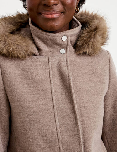 Manteau mi-long &agrave; capuche taupe femme