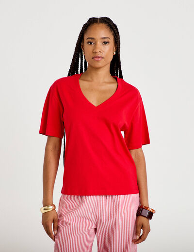 T-shirt col v manches courtes rouge femme