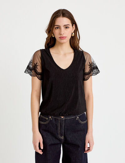 Blouse col v manches courtes dentelle noir femme