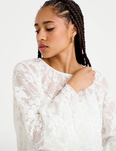 Blouse col rond manches longues dentelle ecru femme