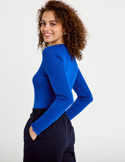 T-shirt ajust&eacute; col rond manches longues bleu electrique femme
