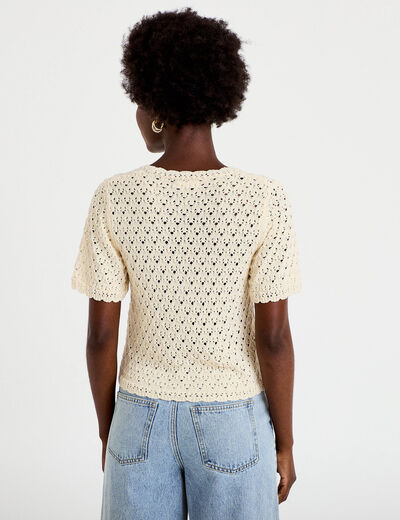Gilet ajour&eacute; col v manches courtes ecru femme