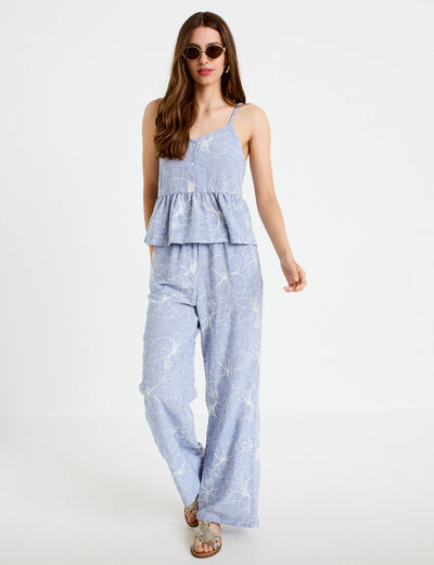Pantalon large taille haute brod&eacute; bleu clair femme