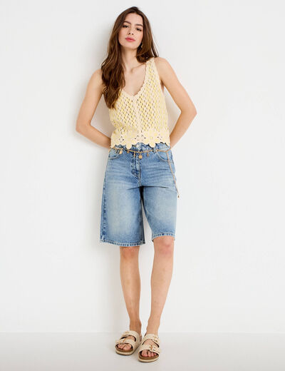 D&eacute;bardeur col v aspect dentelle jaune clair femme