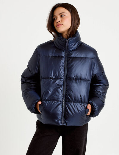 Doudoune col montant bas resserr&eacute; bleu marine femme