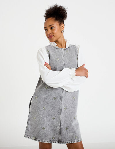 Robe courte &eacute;vas&eacute;e en jean sans manches denim gris femme