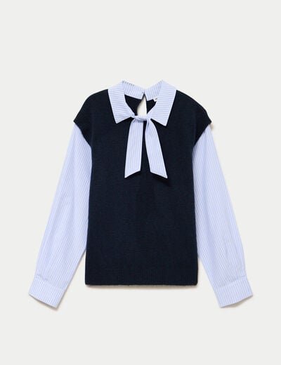 Pull fin 2-en-1 manches longues bleu marine femme