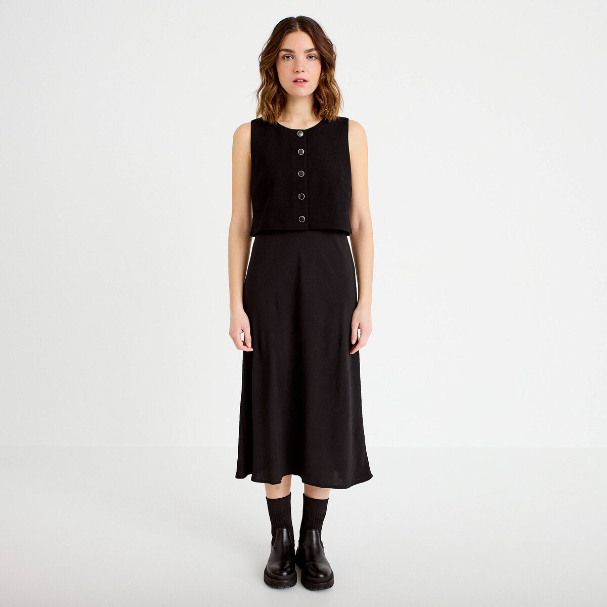 Robe bi-mati&egrave;re droite sans manches noir femme