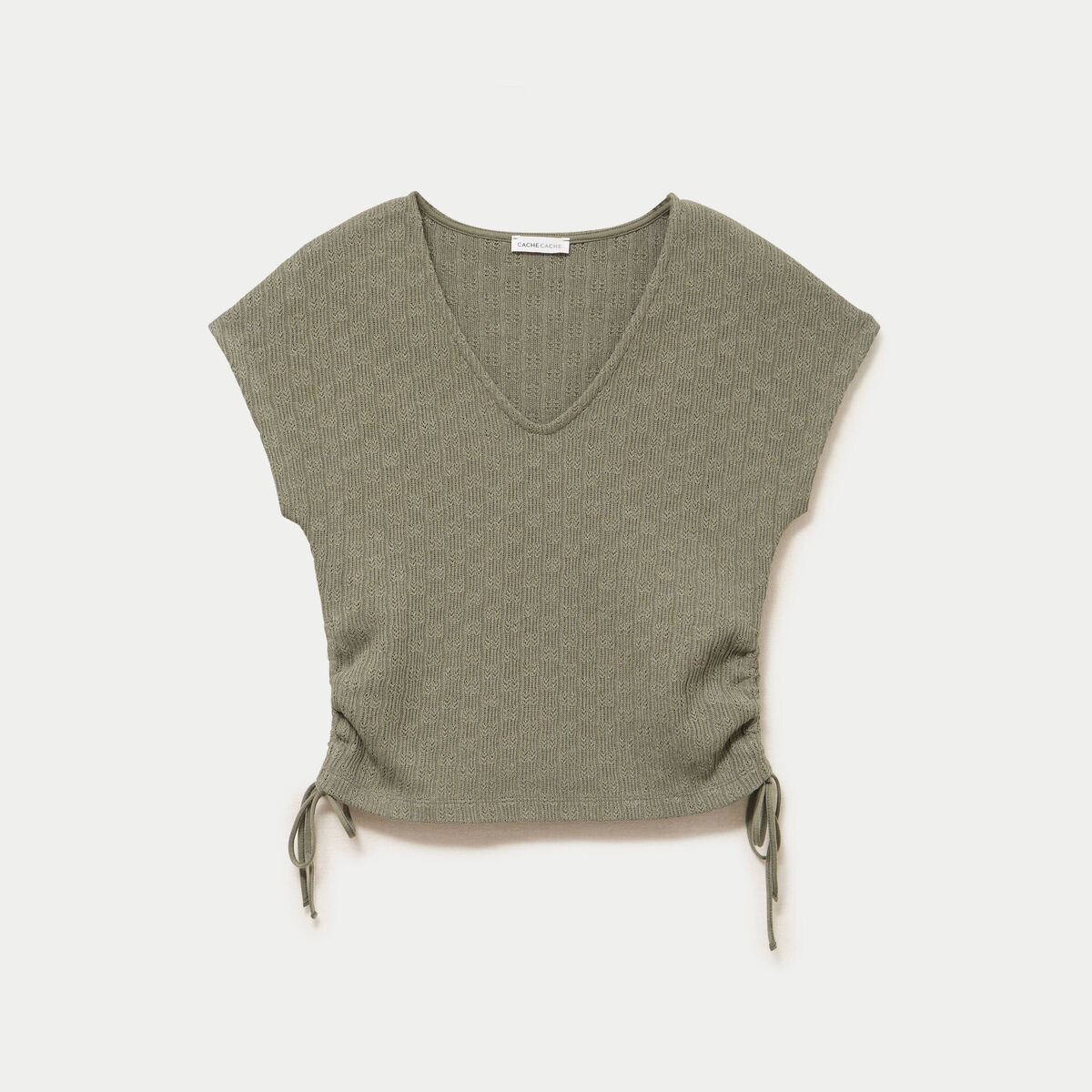 T-shirt ajour&eacute; d&eacute;tails cordons vert kaki femme