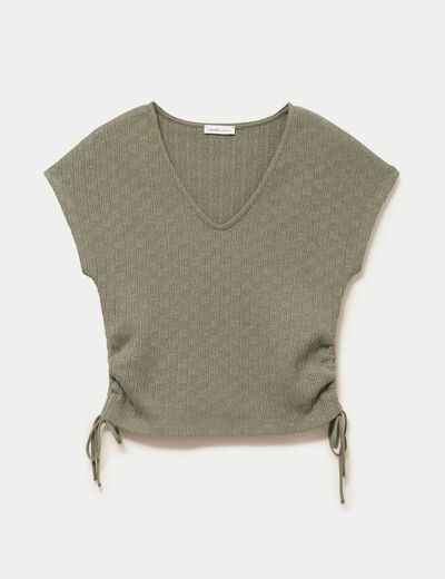 T-shirt ajour&eacute; d&eacute;tails cordons vert kaki femme