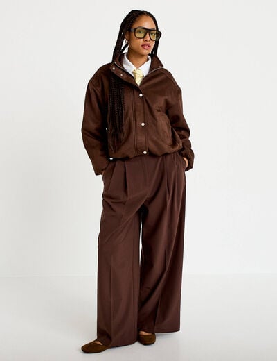 Veste effet boule col montant marron chocolat femme