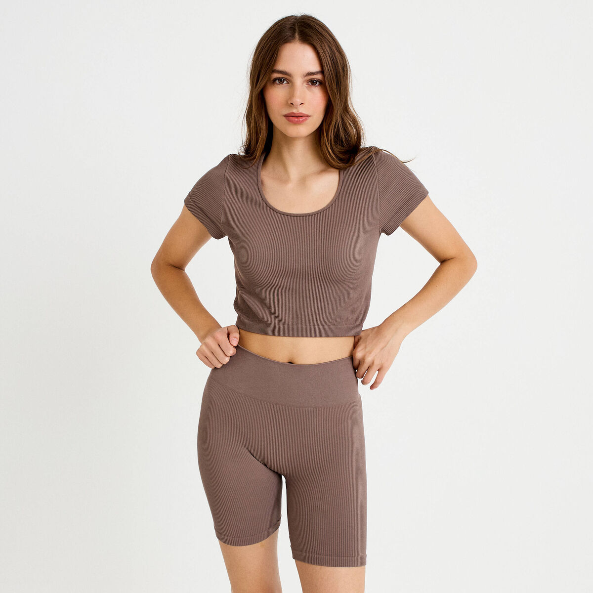 Crop top sans couture col rond marron clair femme