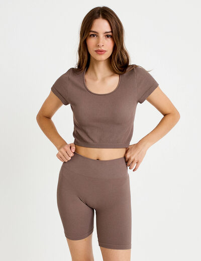 Crop top sans couture col rond marron clair femme