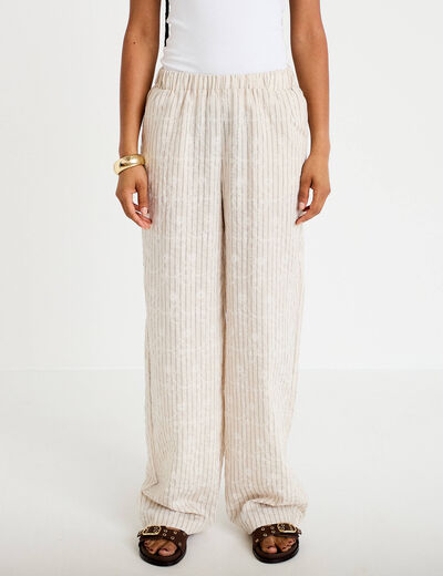 Pantalon large taille haute creme femme