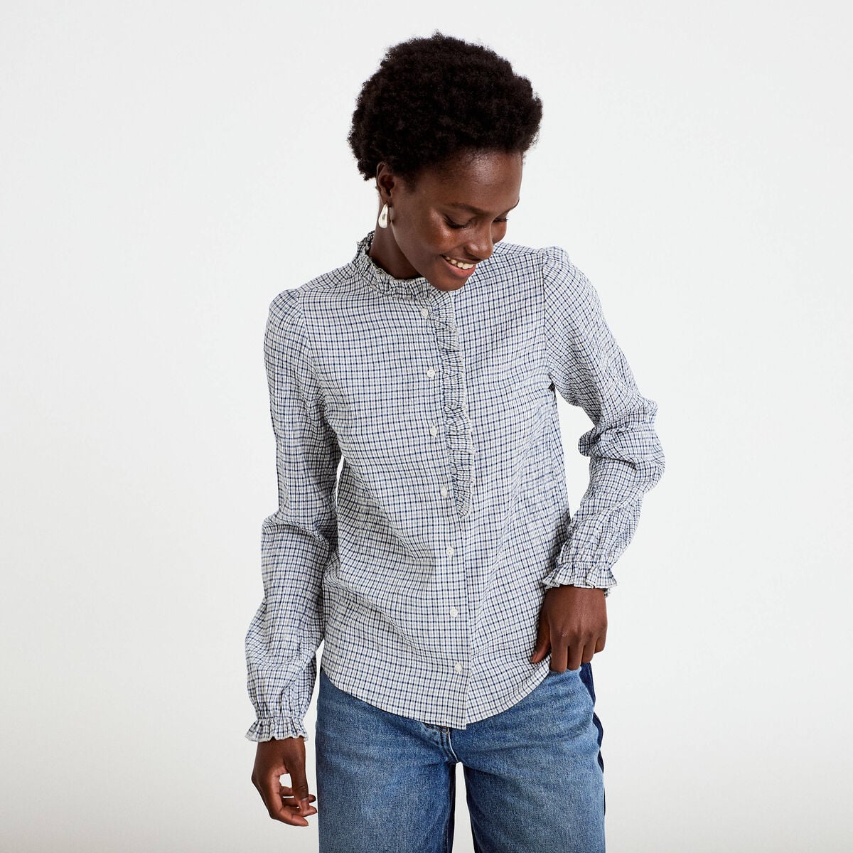 Chemise droite manches longues bleu fonc&eacute; femme