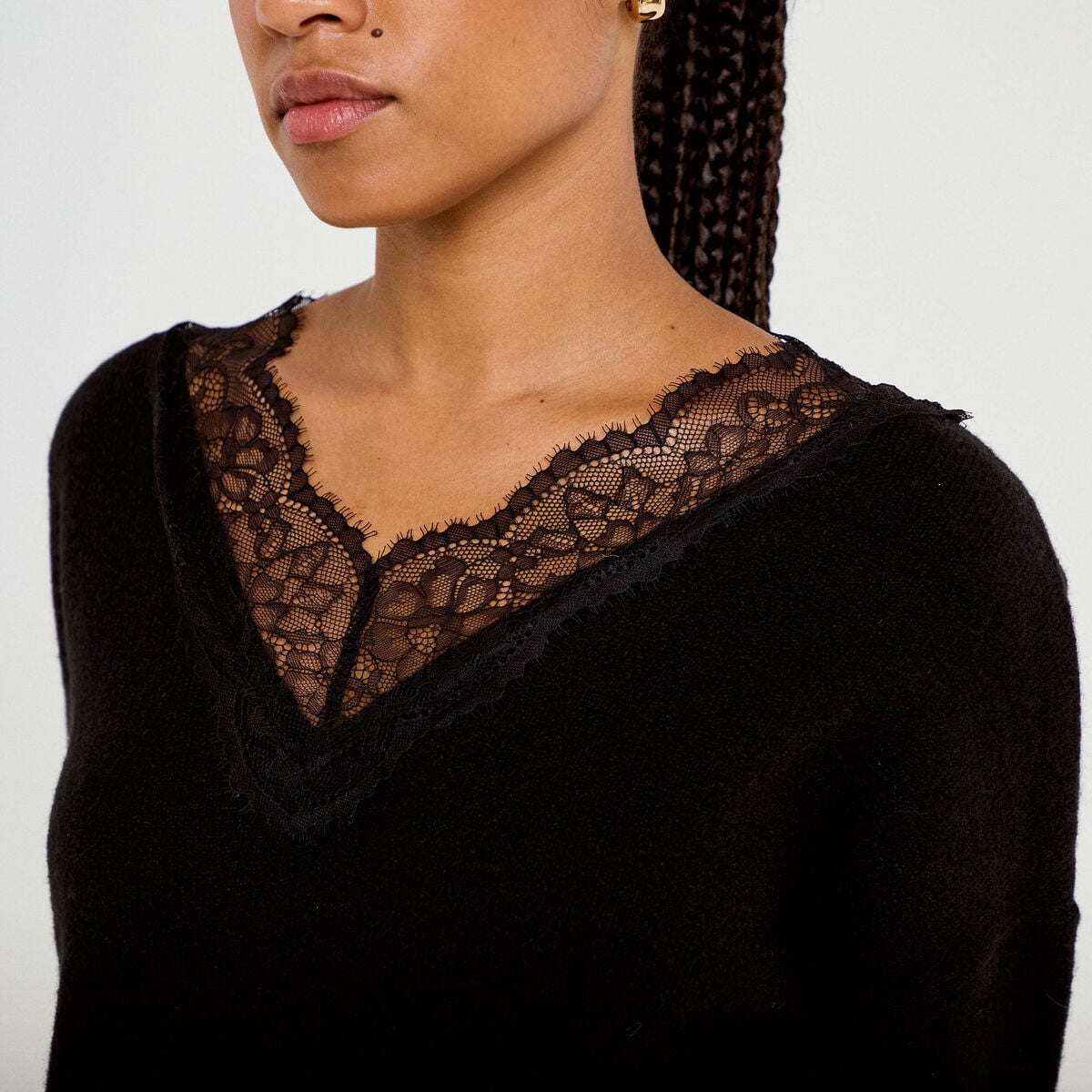 Pull col v manches longues dentelle noir femme