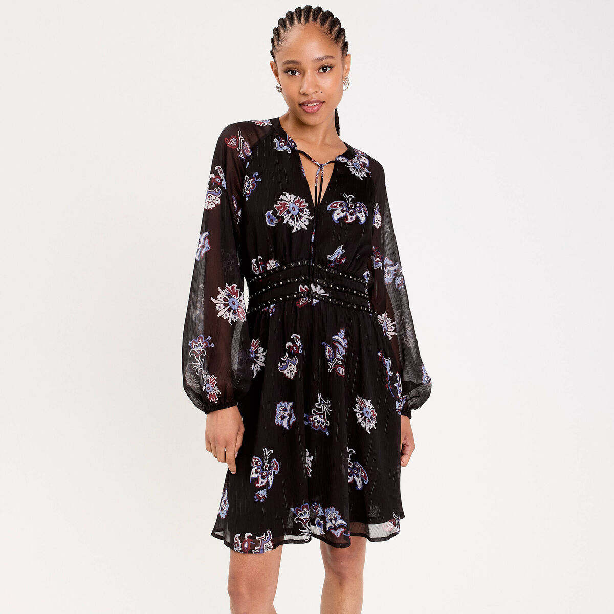 Robe courte &eacute;vas&eacute;e col v manches longues bleu fonc&eacute; femme
