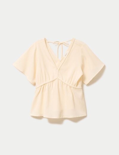 Blouse pliss&eacute;e col v manches courtes ecru femme