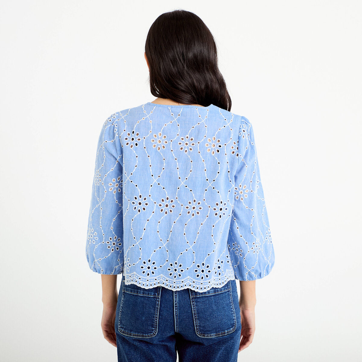 Blouse broderie anglaise bleu gris femme