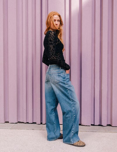 Jean wide leg taille basse denim double stone femme