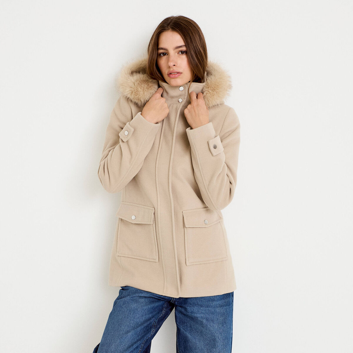 Manteau mi-long &agrave; capuche beige femme