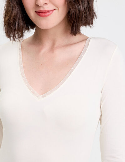 T-shirt thermique col en V plumetis ecru femme