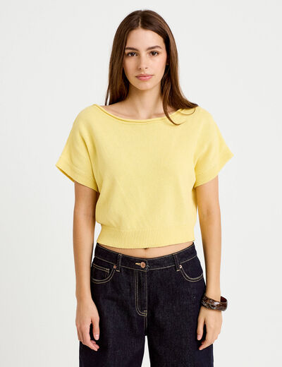 Pull ample cropped manches courtes jaune pastel femme