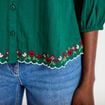 Blouse broderie col v manches 3/4 vert fonc&eacute; femme