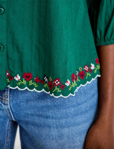 Blouse broderie col v manches 3/4 vert fonc&eacute; femme