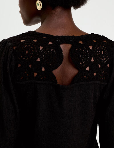 Blouse macram&eacute; bas &eacute;lastiqu&eacute; noir femme