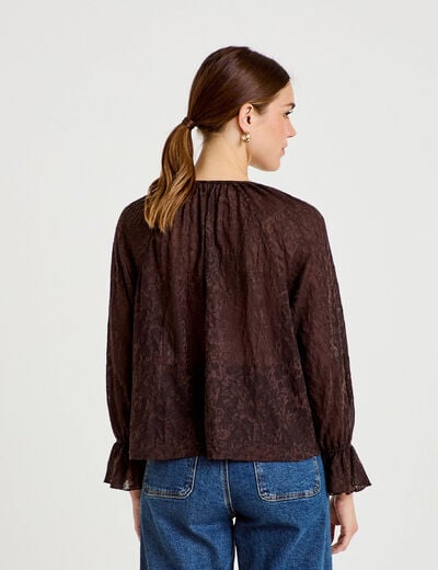 Blouse droite manches longues col rond marron fonc&eacute; femme