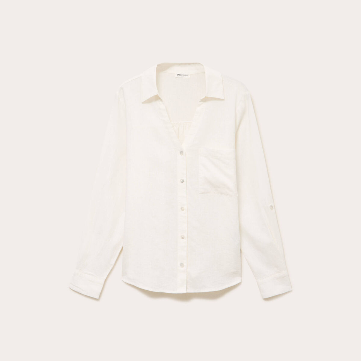 Chemise lin col V manches longues ecru femme
