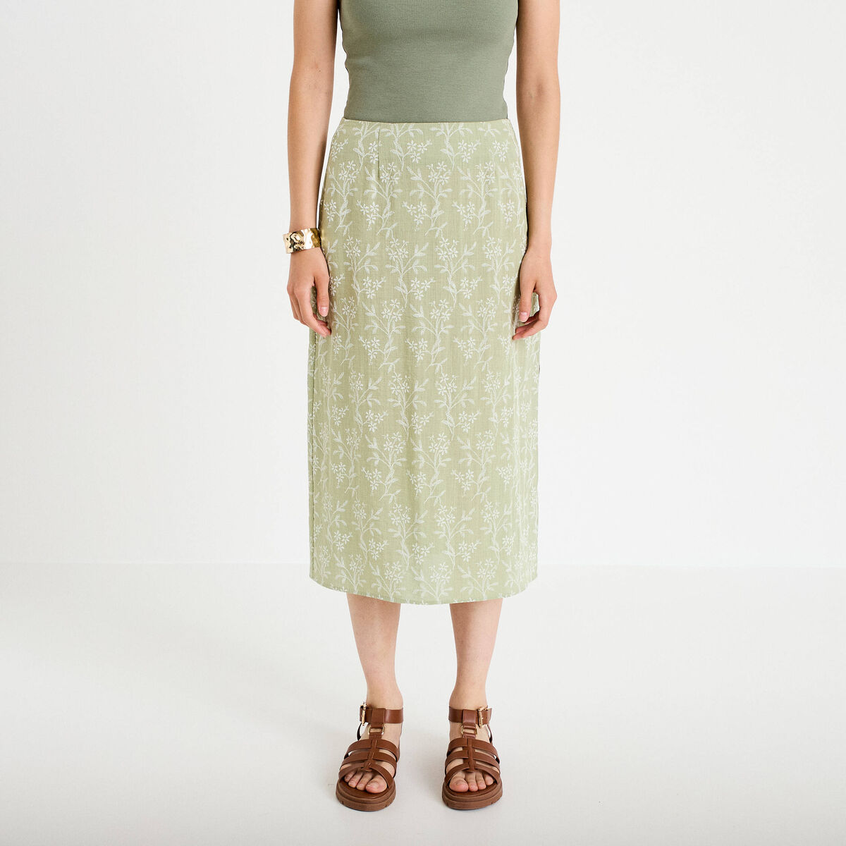 Jupe &eacute;vas&eacute;e longueur 3/4 vert femme