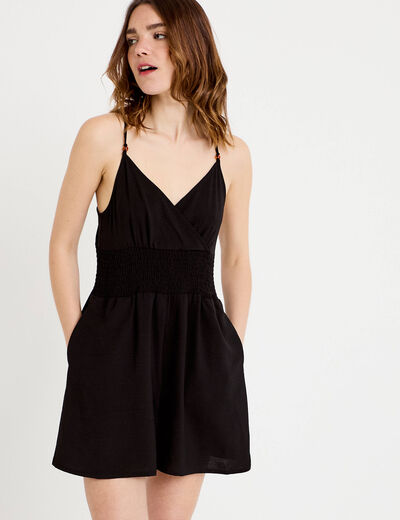 Combishort large col v fines bretelles noir femme