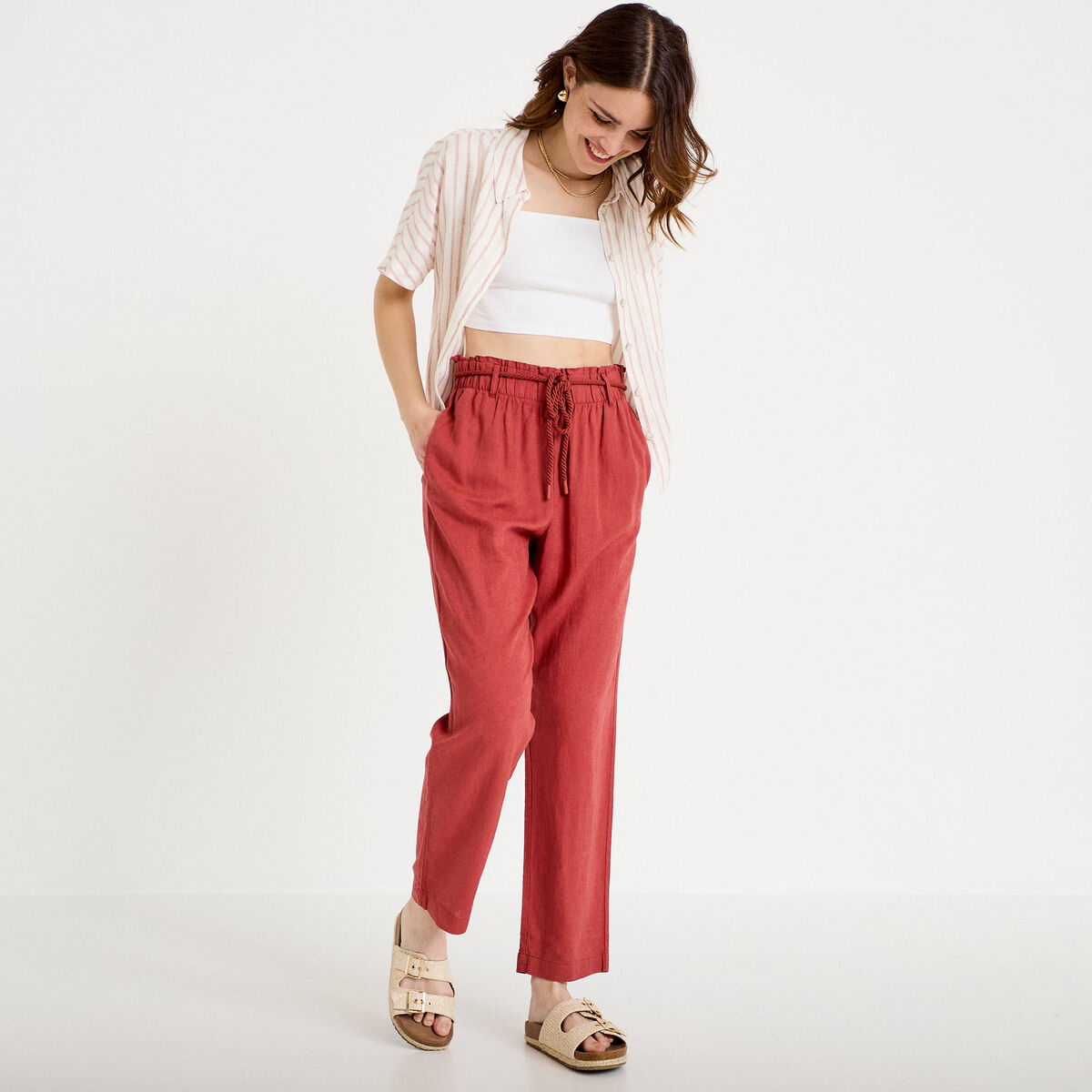 Pantalon large 7/8&egrave;me taille haute vieux rose femme