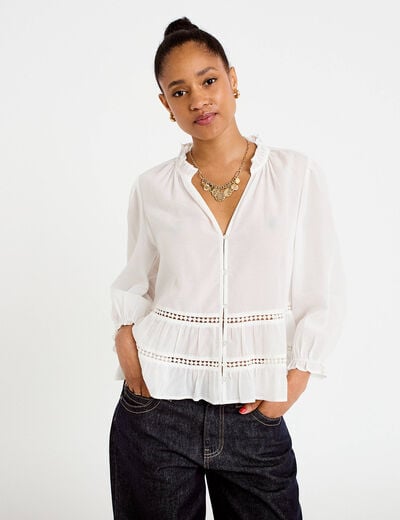 Blouse cintr&eacute;e col v manches 3/4 ecru femme