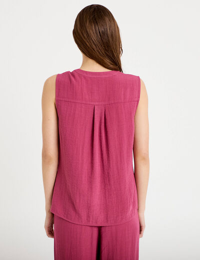 Blouse sans manches col tunisien pliss&eacute; prune femme