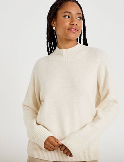 Pull col montant manches longues ecru femme
