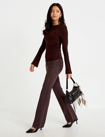 Pantalon bootcut aspect daim marron fonc&eacute; femme