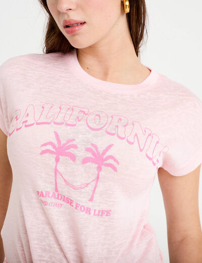 T-shirt droit cropped manches courtes rose clair femme