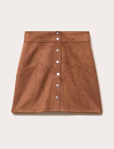 Jupe trap&egrave;ze courte aspect daim marron femme