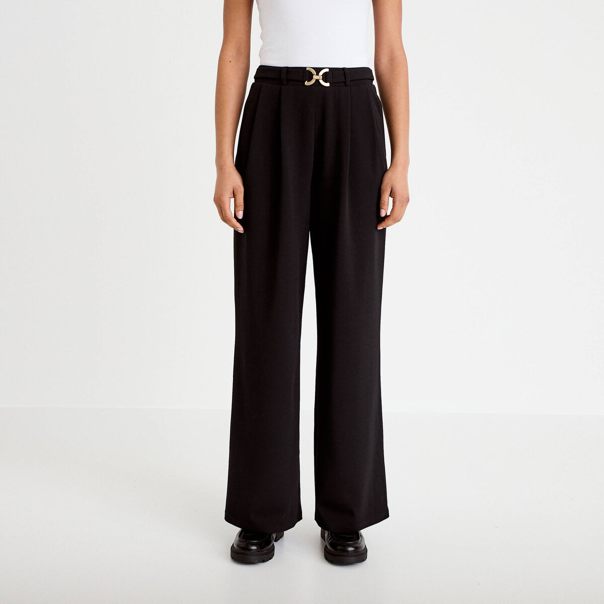 Pantalon large ceinture bijou noir femme