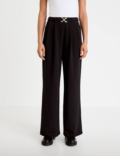 Pantalon large ceinture bijou noir femme