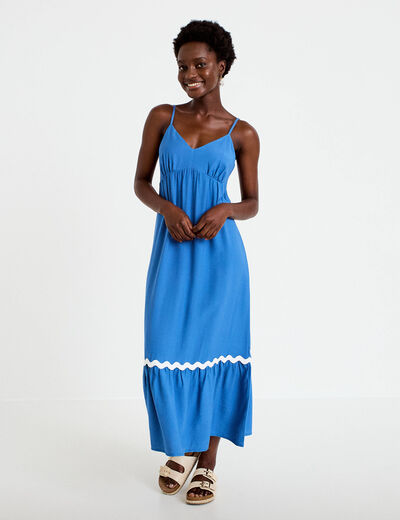 Robe longue &eacute;vas&eacute;e col v cr&ecirc;pe bleu fonc&eacute; femme