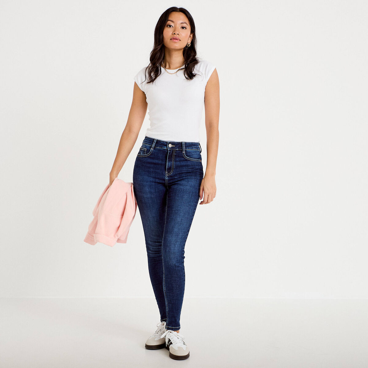 Jean skinny taille haute bleu fonc&eacute; femme