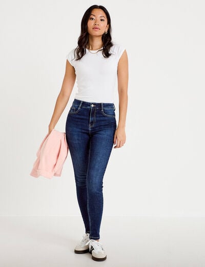 Jean skinny taille haute bleu fonc&eacute; femme