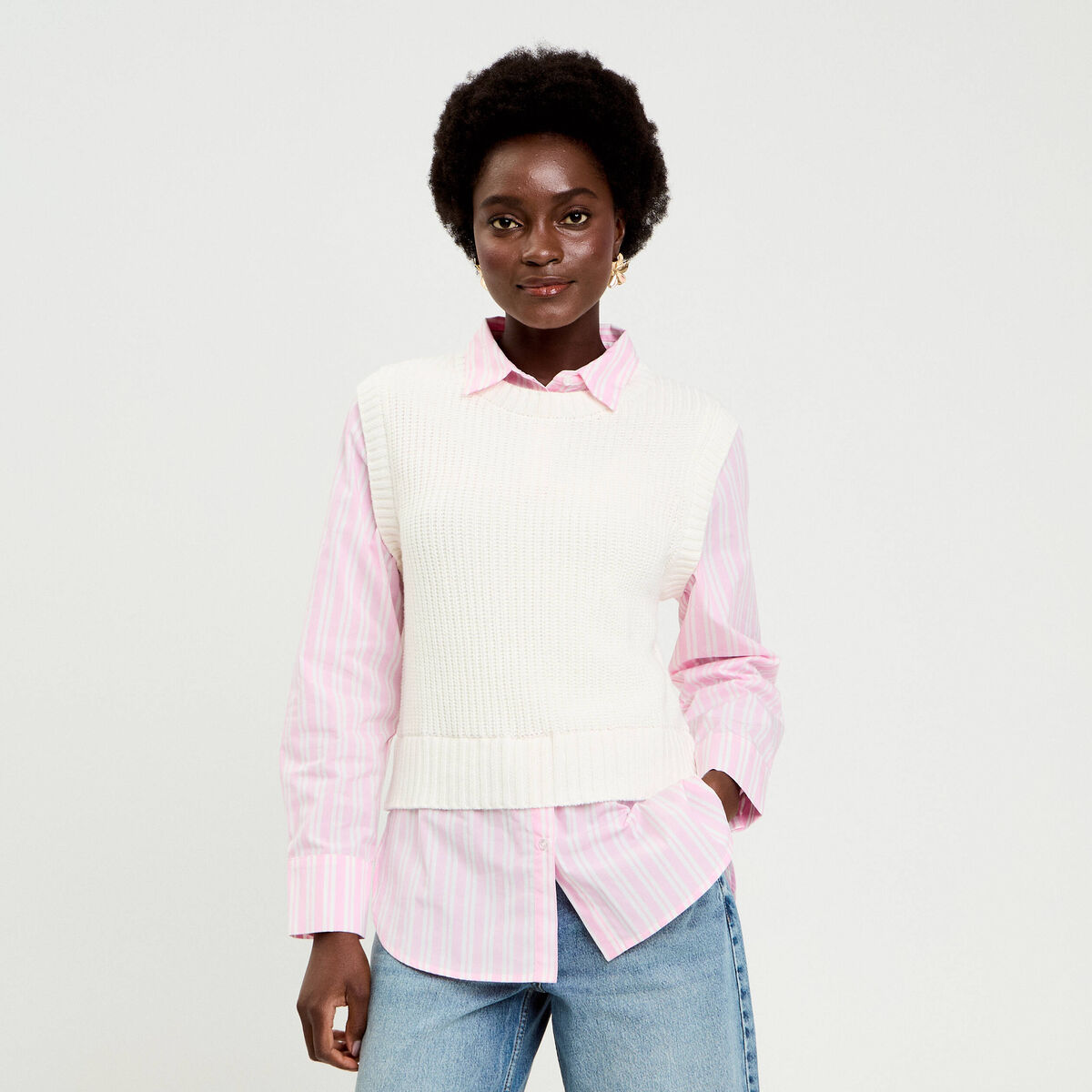 Pull chemise 2-en-1 ecru femme