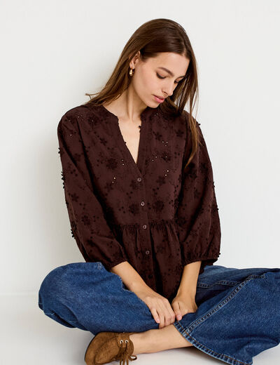 Blouse &agrave; motif en relief marron fonc&eacute; femme