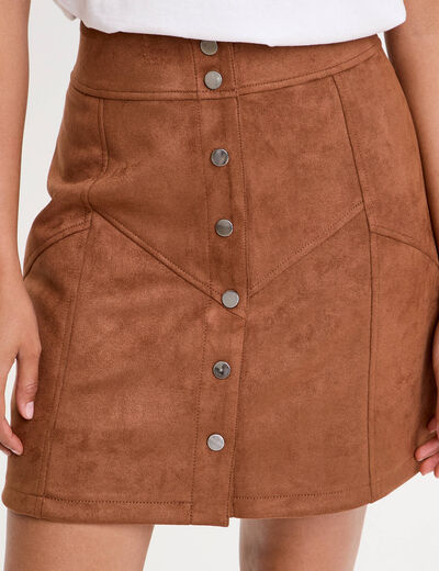 Jupe trap&egrave;ze courte aspect daim marron femme