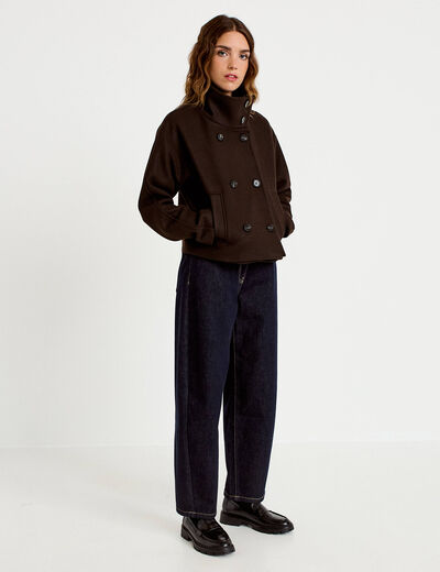 Veste chin&eacute;e col montant manches longues marron fonc&eacute; femme